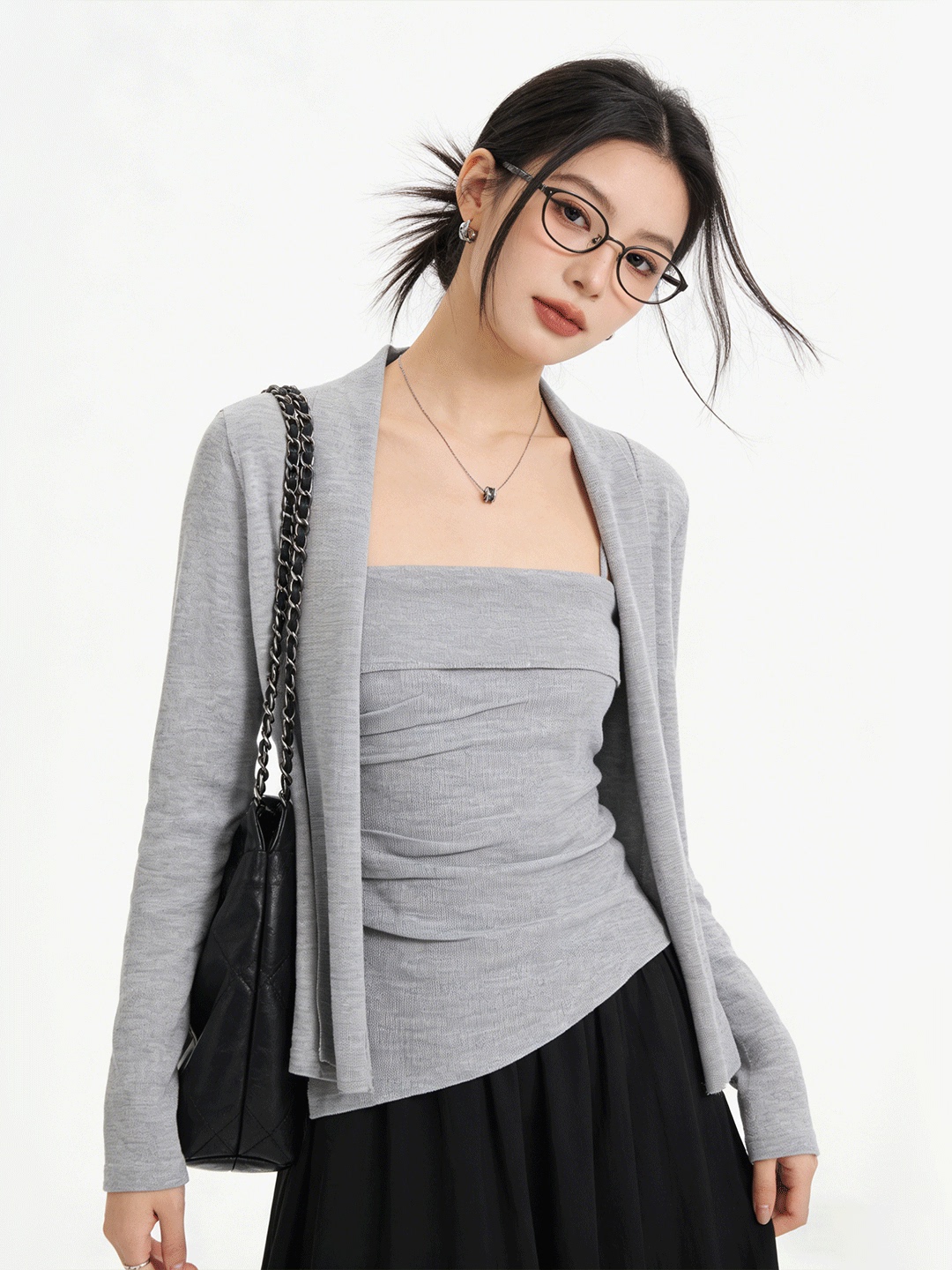 Korean Lifestyle & Kids Boutique - Lu Life 肌に優しいショートニットカーディガン痩身ツーピースセット韓国スタイル通気性カジュアルウェア女性用